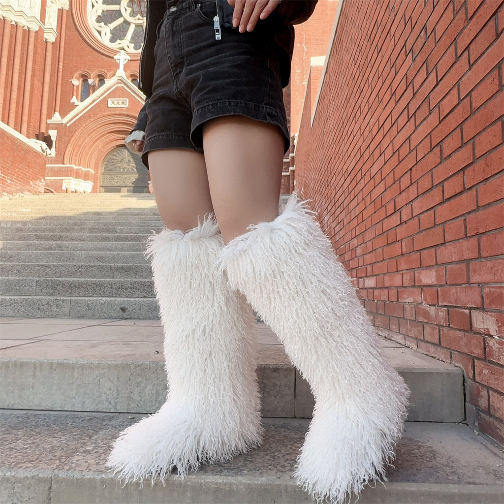 IPPEUM White Mongolian Fur Boots Knee High Boots Shoes Winter Plus Size 45 Fuzzy Boots