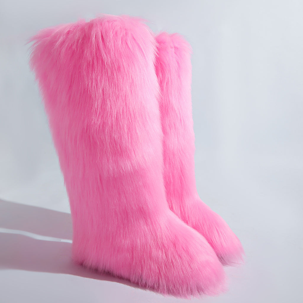 IPPEUM Pink Mongolian Fur Boots Knee High Boots Shoes Winter Plus Size 46