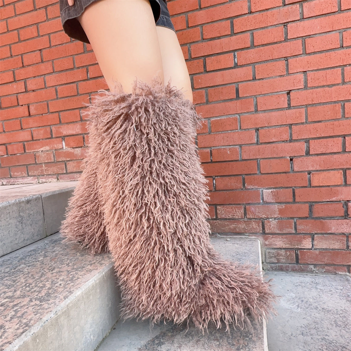 IPPEUM LightBrown Mongolian Fur Boots Knee High Boots Shoes Winter Plus Size 45 Fuzzy Boots