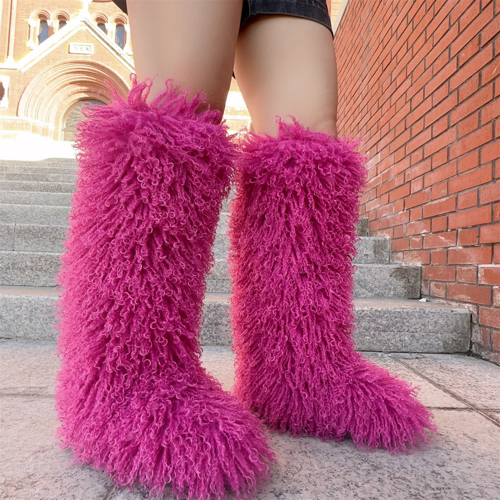 IPPEUM Rosered Mongolian Fur Boots Knee High Boots Shoes Winter Plus Size 45 Fuzzy Boots