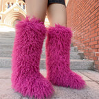 IPPEUM Rosered Mongolian Fur Boots Knee High Boots Shoes Winter Plus Size 45 Fuzzy Boots