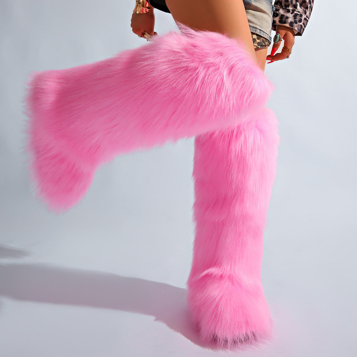 IPPEUM Pink Mongolian Fur Boots Knee High Boots Shoes Winter Plus Size 46