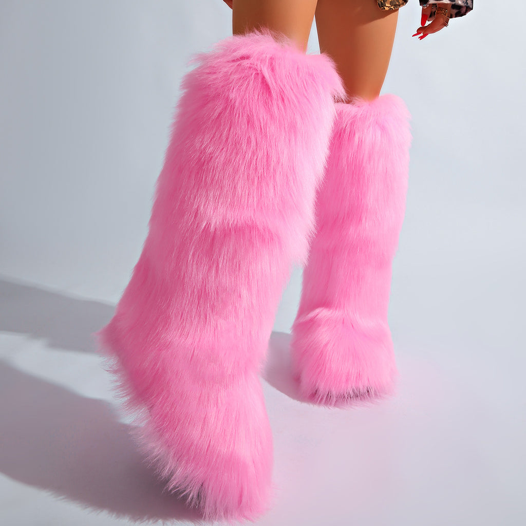 IPPEUM Pink Mongolian Fur Boots Knee High Boots Shoes Winter Plus Size 46