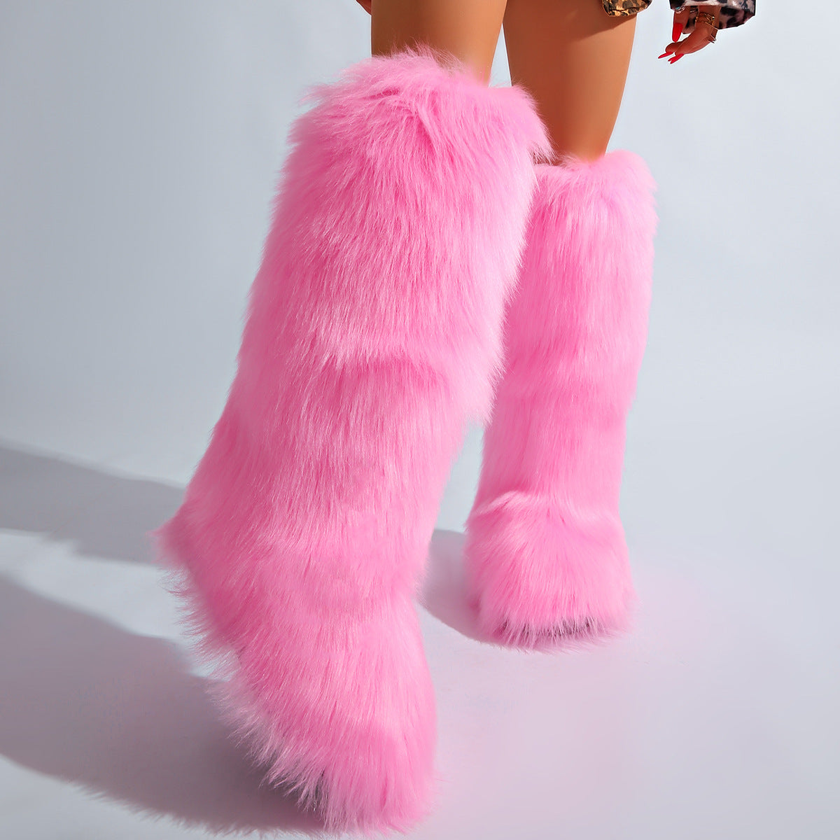 IPPEUM Pink Mongolian Fur Boots Knee High Boots Shoes Winter Plus Size 46