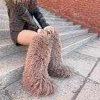 IPPEUM LightBrown Mongolian Fur Boots Knee High Boots Shoes Winter Plus Size 45 Fuzzy Boots