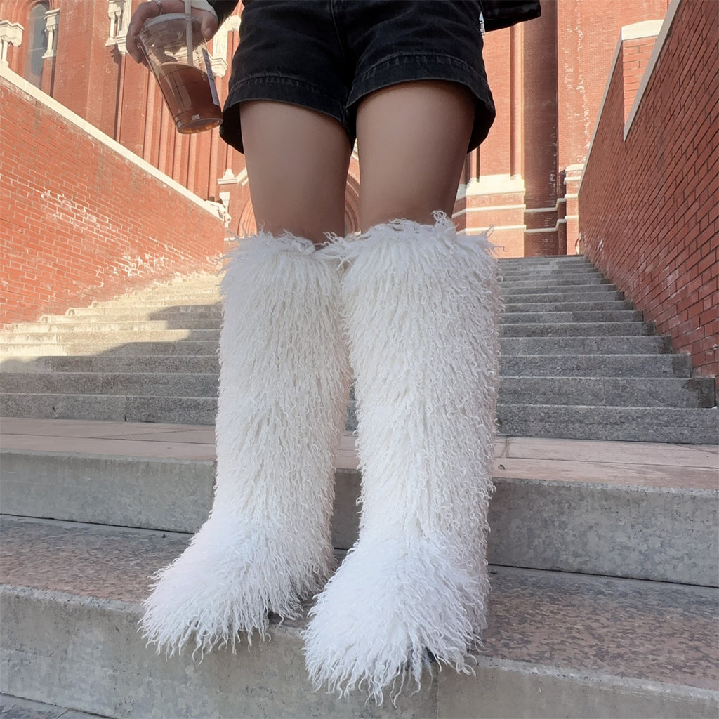 IPPEUM White Mongolian Fur Boots Knee High Boots Shoes Winter Plus Size 45 Fuzzy Boots