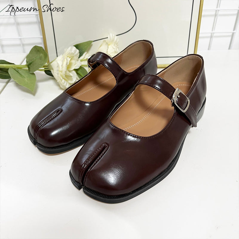 IPPEUM Tabi Mary Janes Shoes Black Burgundy Size 35-44 Split Toe Flats Tabis Loafers