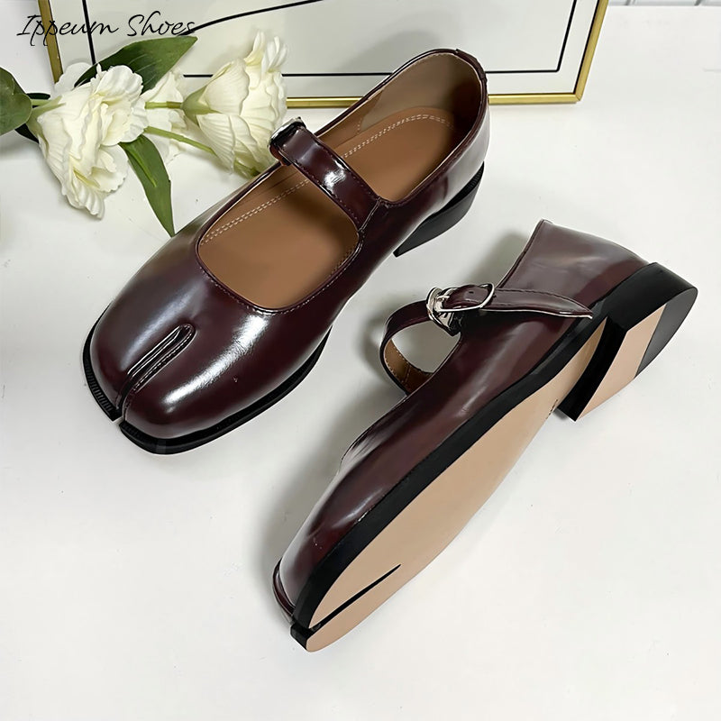 IPPEUM Tabi Mary Janes Shoes Black Burgundy Size 35-44 Split Toe Flats Tabis Loafers