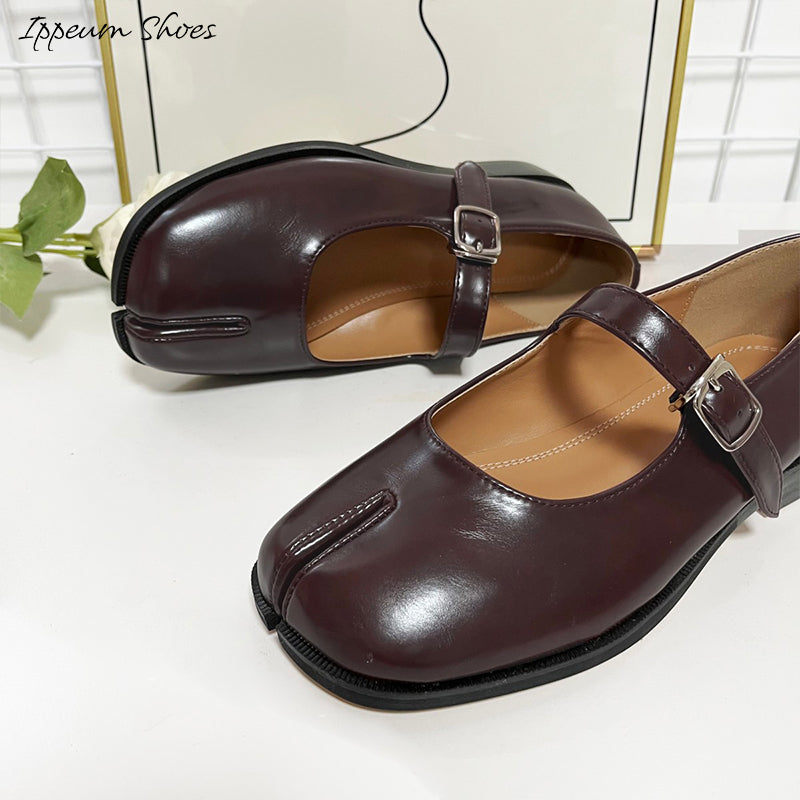 IPPEUM Tabi Mary Janes Shoes Black Burgundy Size 35-44 Split Toe Flats Tabis Loafers