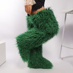 IPPEUM Fur Boots Knee High Shoes Winter Plus Size 46