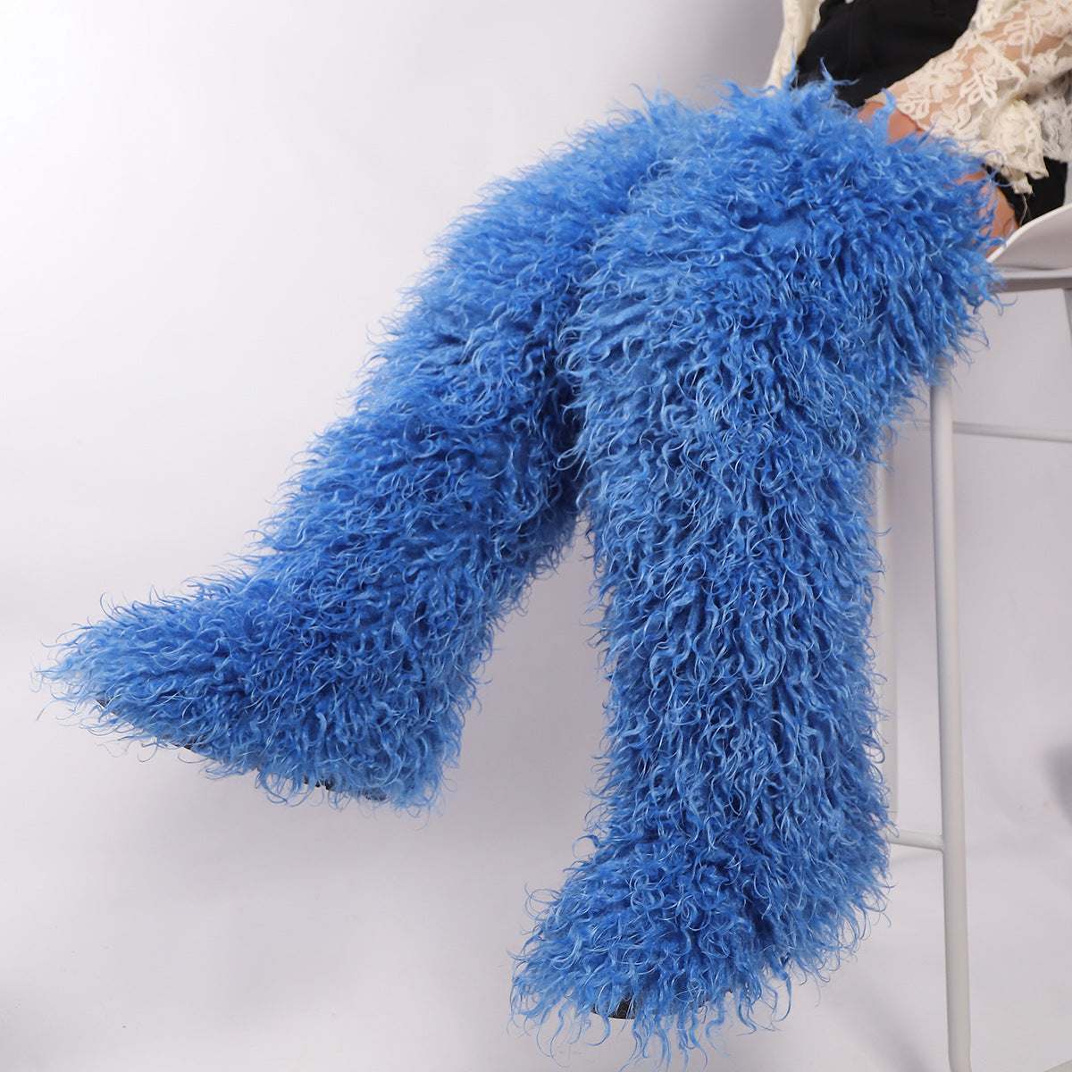 IPPEUM Fur Boots Knee High Shoes Winter Plus Size 46