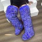 IPPEUM Fur Boots Knee High Shoes Winter Pink Red Brown Plus Size 46
