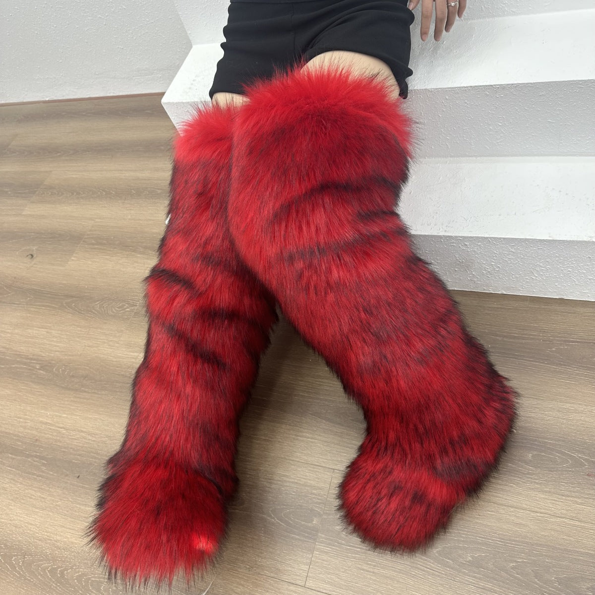 IPPEUM Fur Boots Knee High Shoes Winter Pink Red Brown Plus Size 46