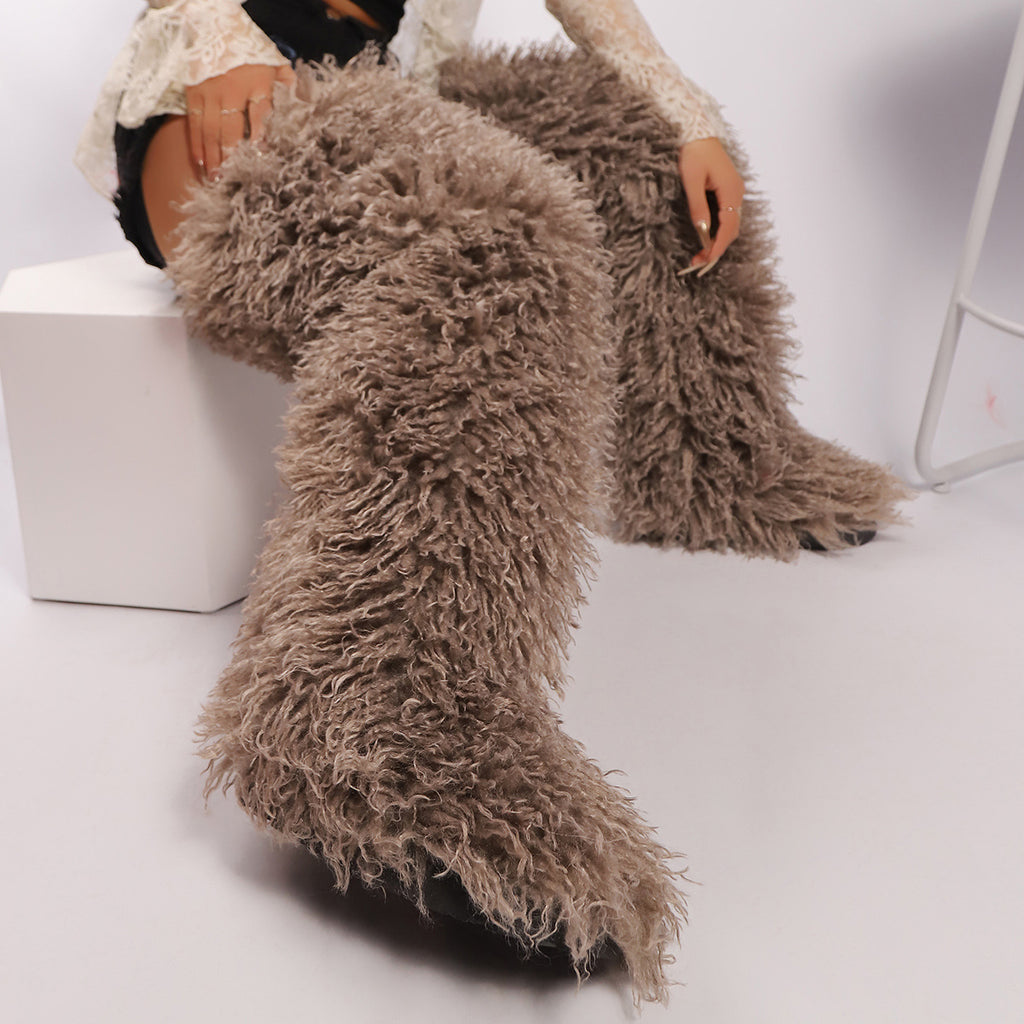 IPPEUM Fur Boots Knee High Shoes Winter Plus Size 46