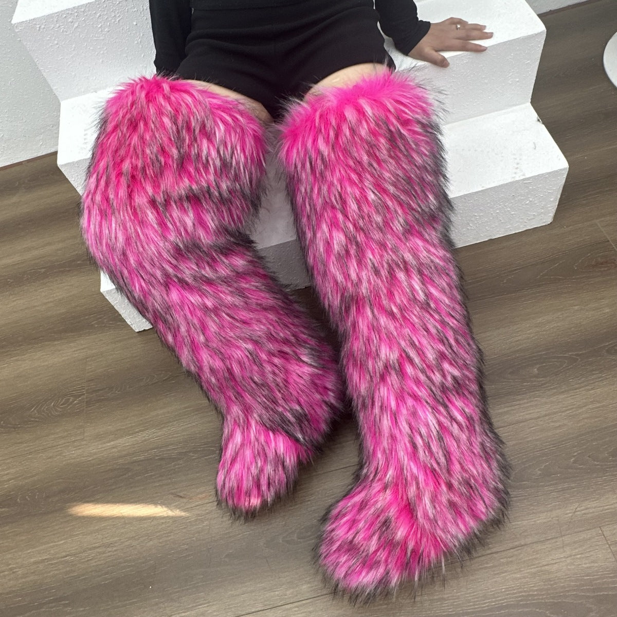 IPPEUM Fur Boots Knee High Shoes Winter Pink Red Brown Plus Size 46