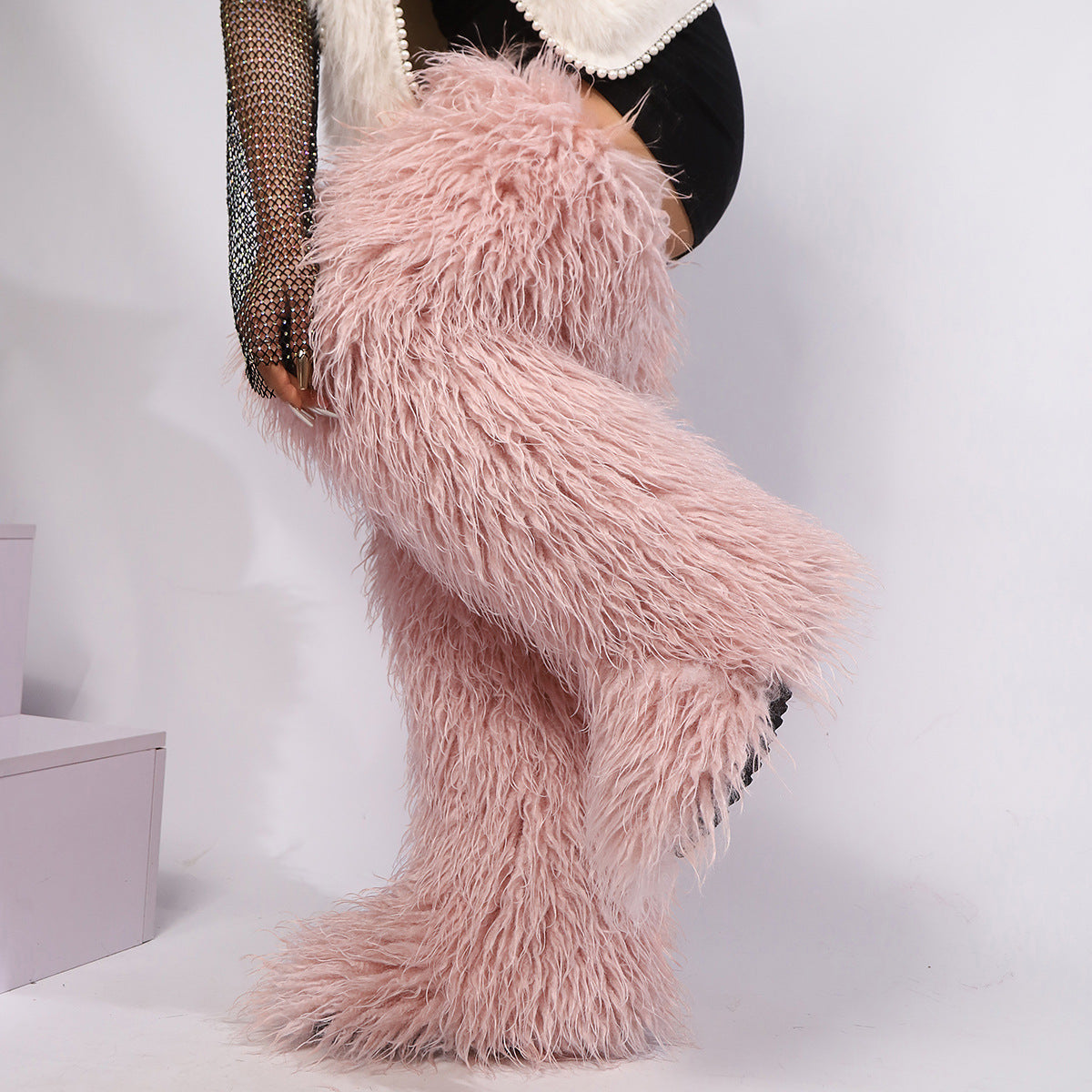 IPPEUM Fur Boots Knee High Shoes Winter Plus Size 46