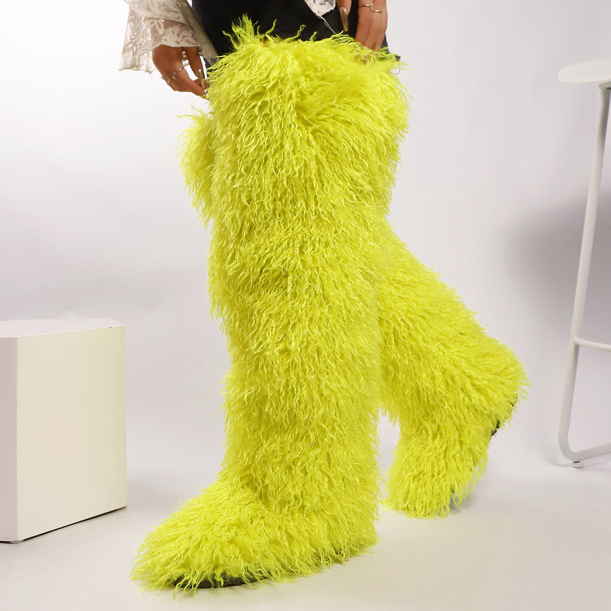 IPPEUM Fur Boots Knee High Shoes Winter Plus Size 46