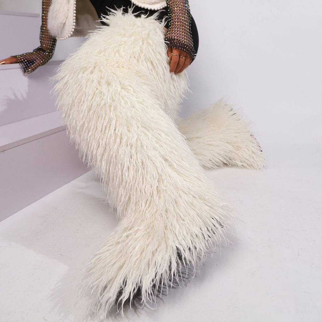 IPPEUM Fur Boots Knee High Shoes Winter Plus Size 46