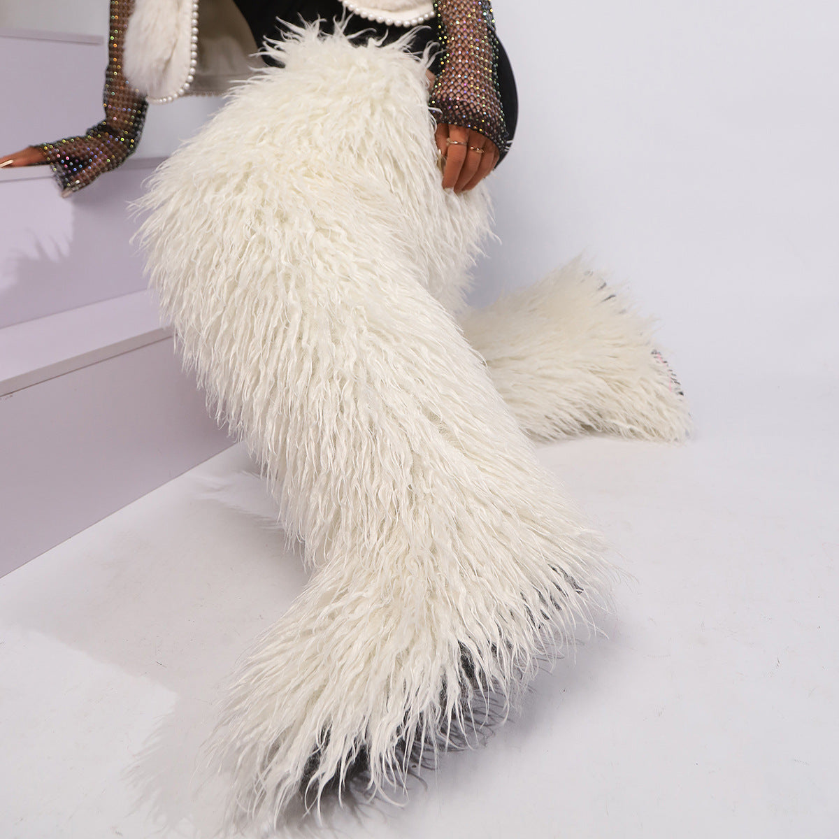 IPPEUM Fur Boots Knee High Shoes Winter Plus Size 46