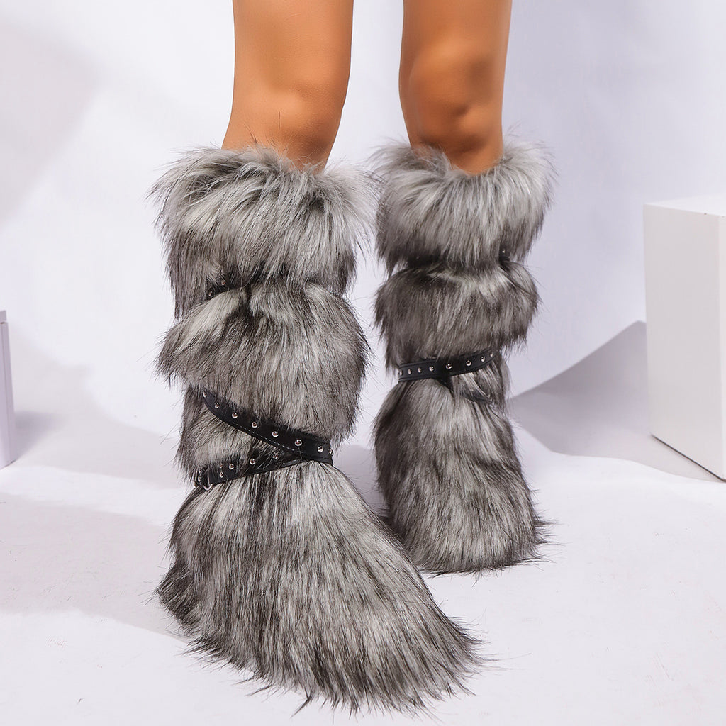 IPPEUM Fur Boots Knee High Shoes Red Winter