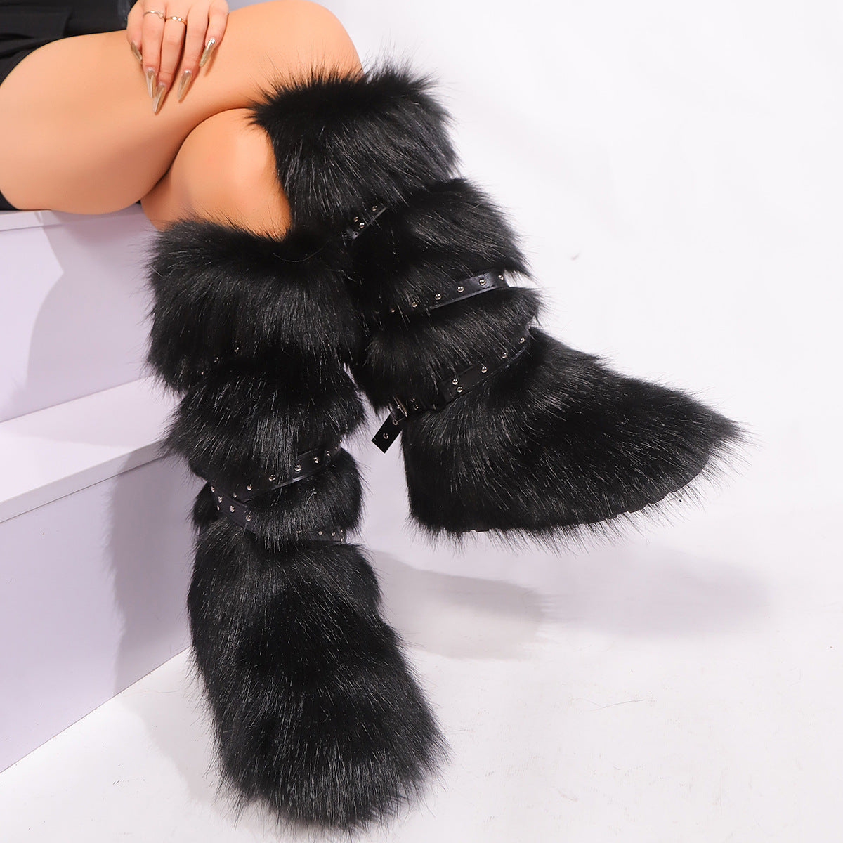 IPPEUM Fur Boots Knee High Shoes Red Winter