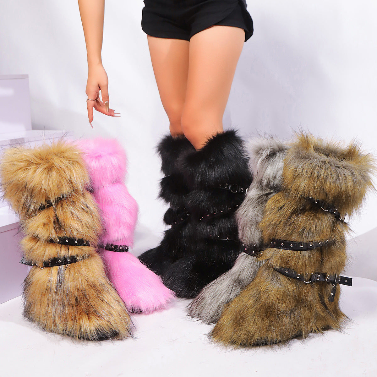 IPPEUM Fur Boots Knee High Shoes Red Winter