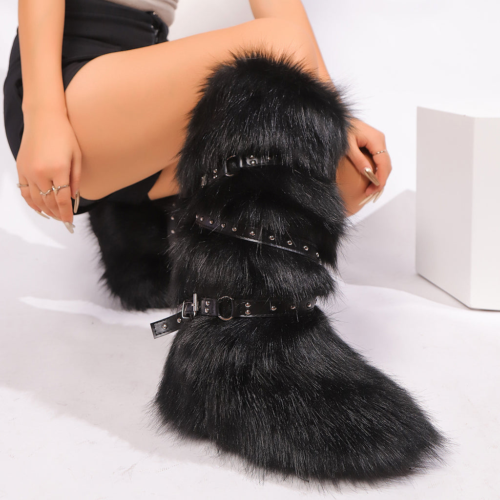 IPPEUM Fur Boots Knee High Shoes