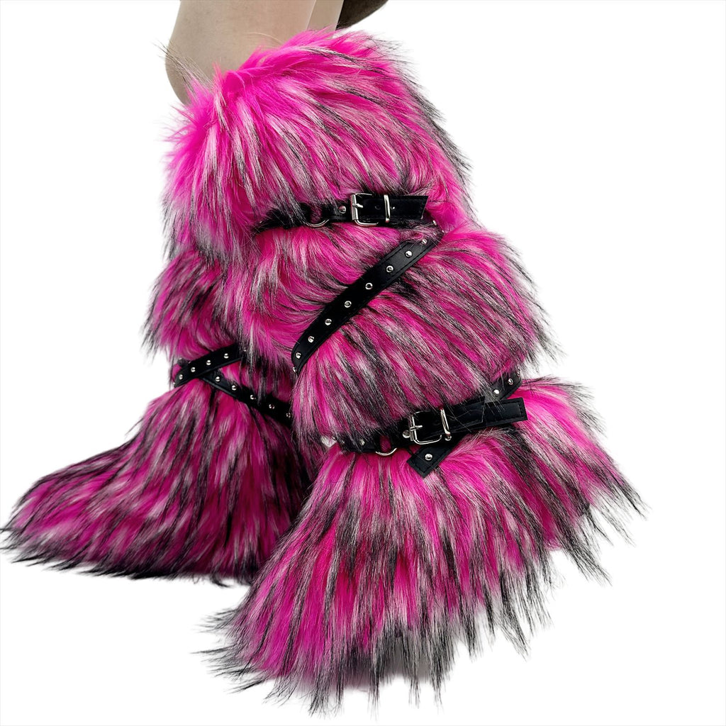 IPPEUM Fur Boots Knee High Shoes Red Winter