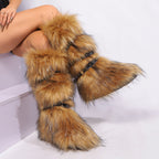 IPPEUM Fur Boots Knee High Shoes Red Winter