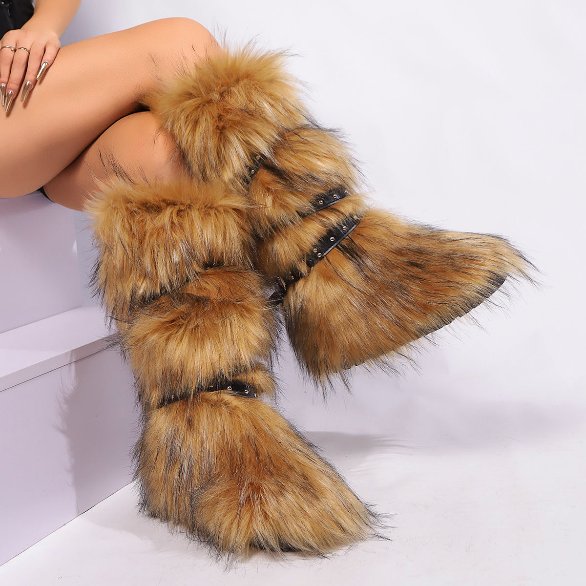 IPPEUM Fur Boots Knee High Shoes Red Winter