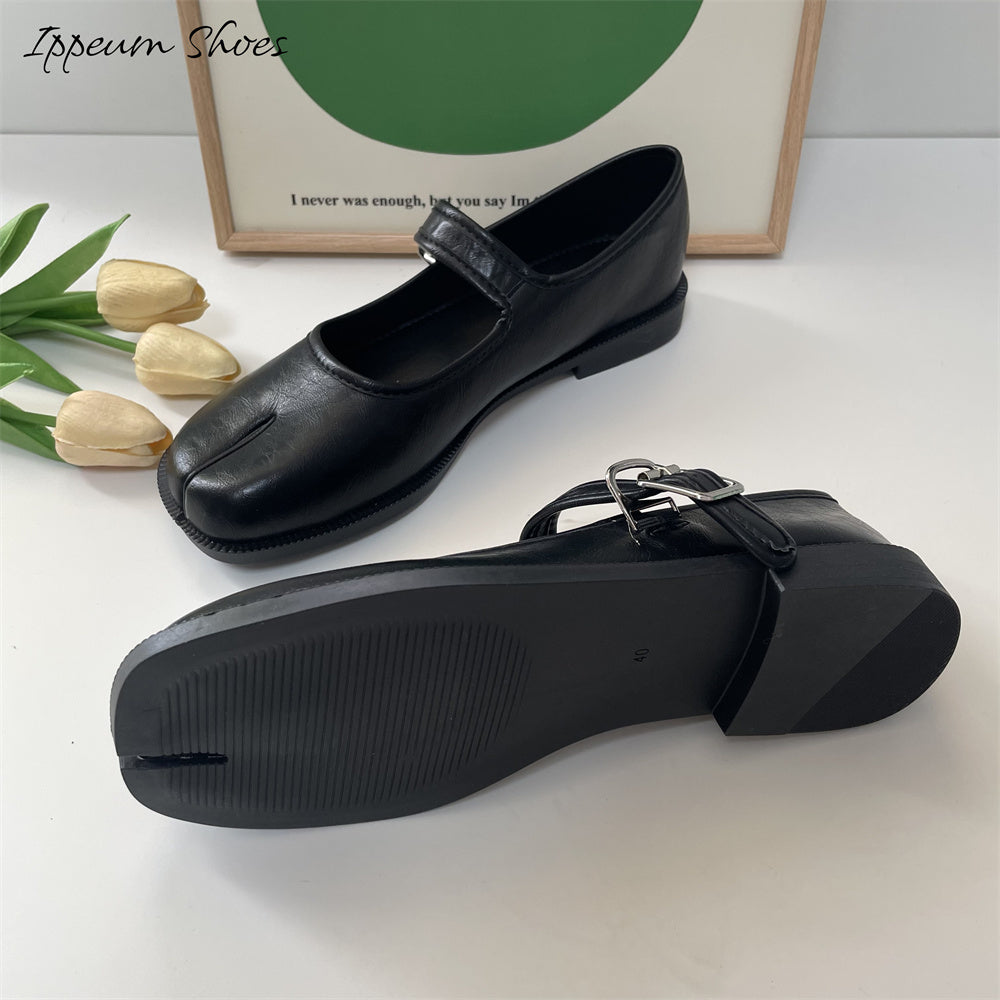 IPPEUM Women Tabi Mary Janes Shoes Split Toe Flats Black Size 35-41