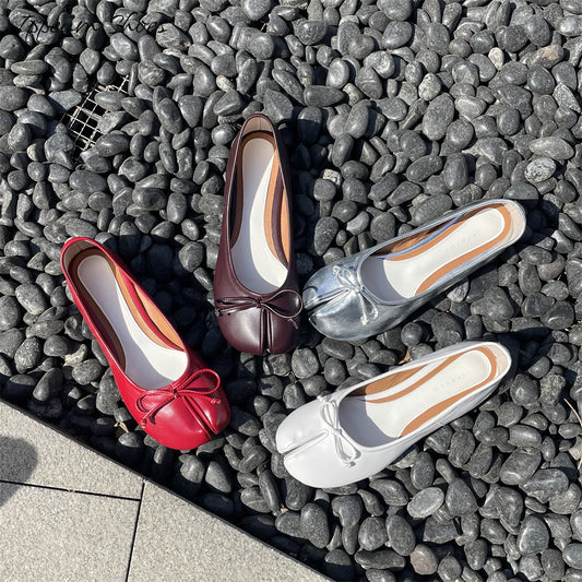 IPPEUM Tabi Shoes Women Mary Janes Ballerinas Shoes Bow Black Red White Size 35-44