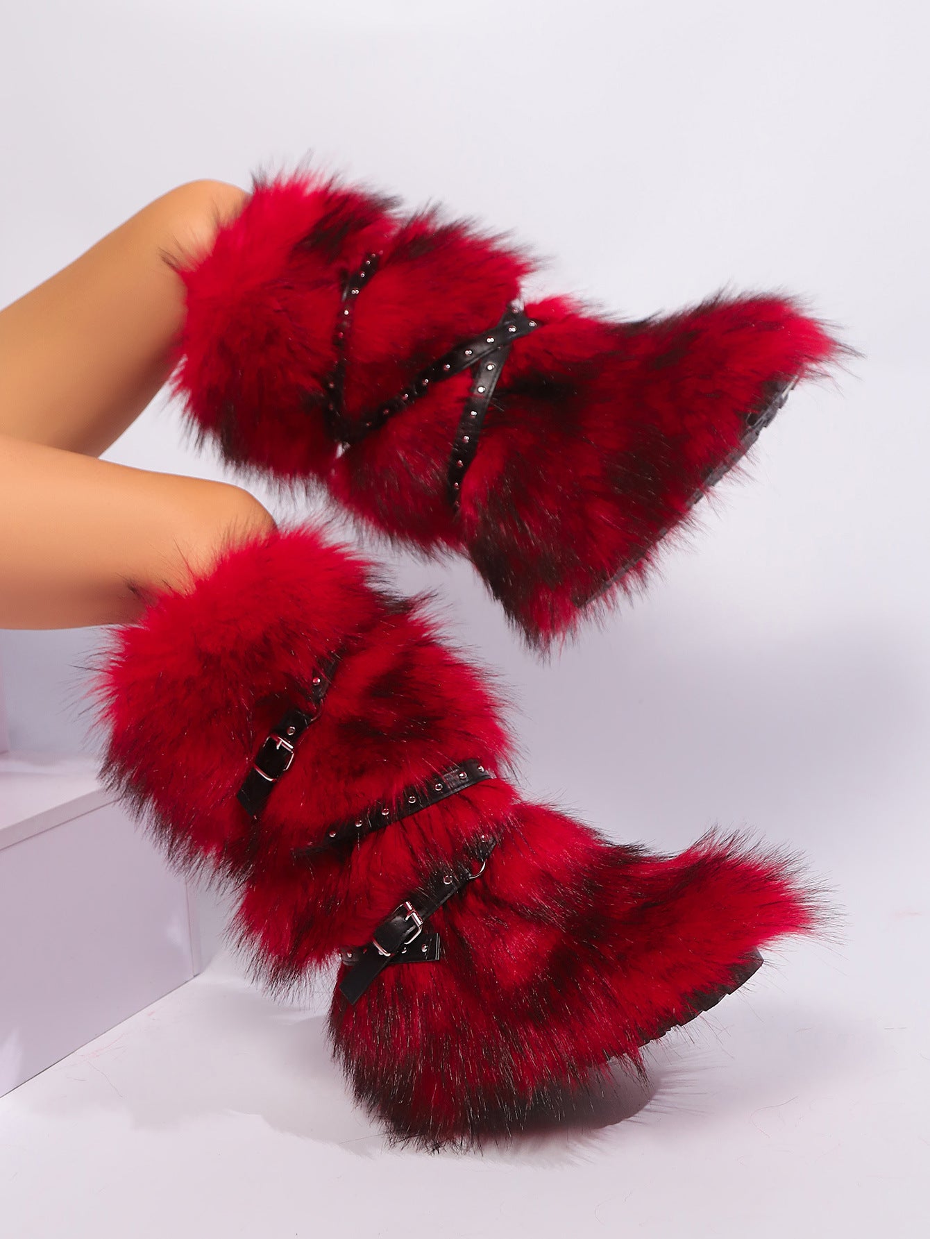 IPPEUM Fur Boots Knee High Shoes Red Winter