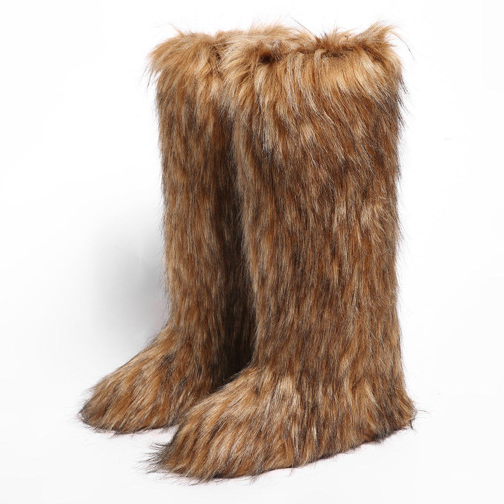 IPPEUM Mongolian Fur Boots Knee High Boots Shoes Winter Plus Size 46 Brown
