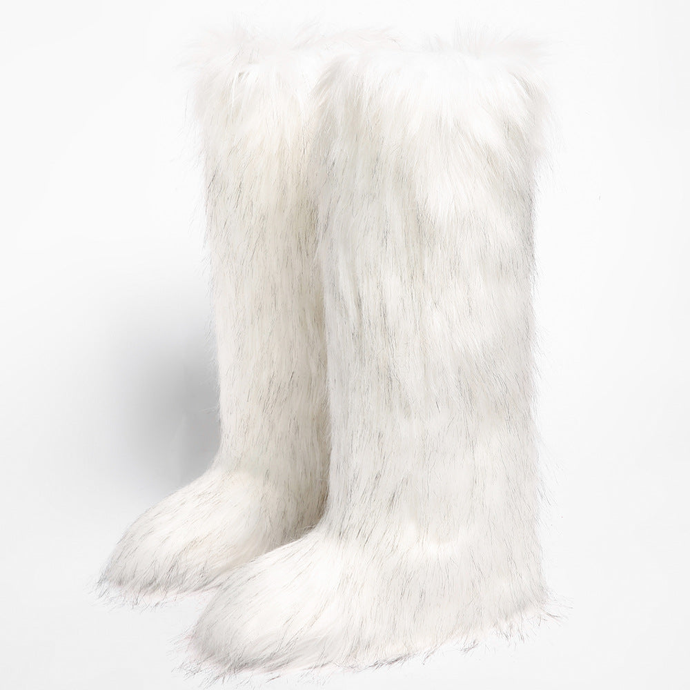 IPPEUM Mongolian Fur Boots Knee High Boots Shoes Winter Plus Size 46 White