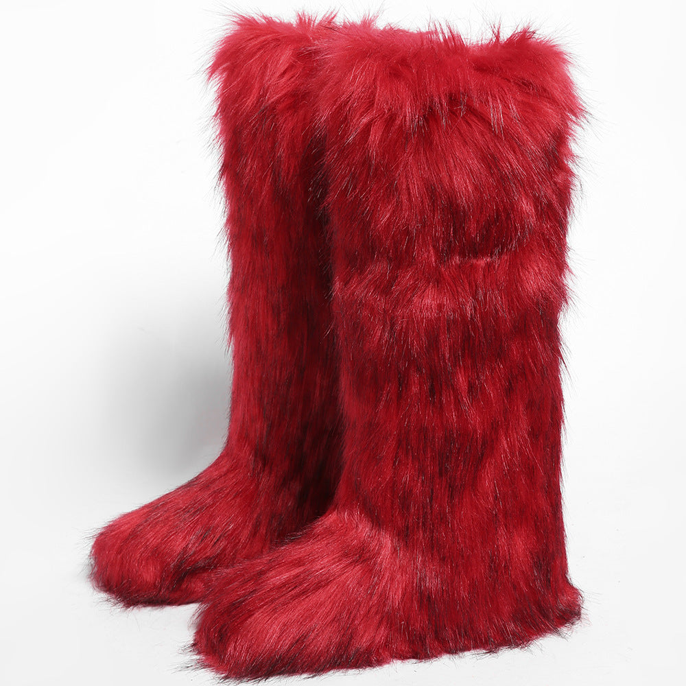 IPPEUM Mongolian Fur Boots Knee High Boots Shoes Winter Plus Size 46 Red