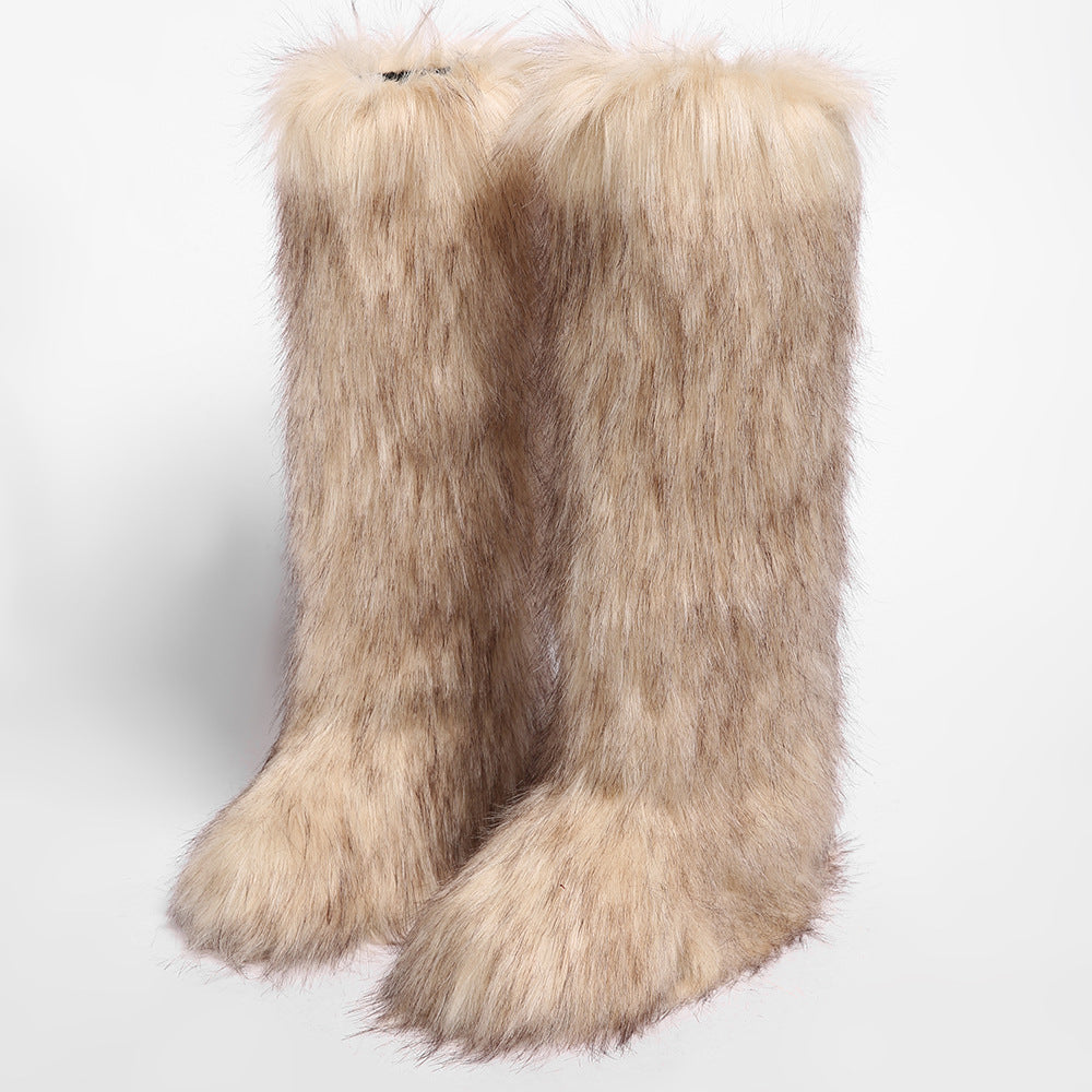 IPPEUM Mongolian Fur Boots Knee High Boots Shoes Winter Plus Size 46 Khaki