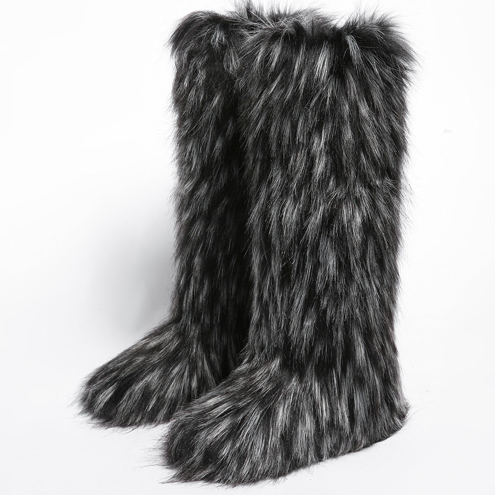 IPPEUM Mongolian Fur Boots Knee High Boots Shoes Winter Plus Size 46 Fuzzy Boots DeepGrey