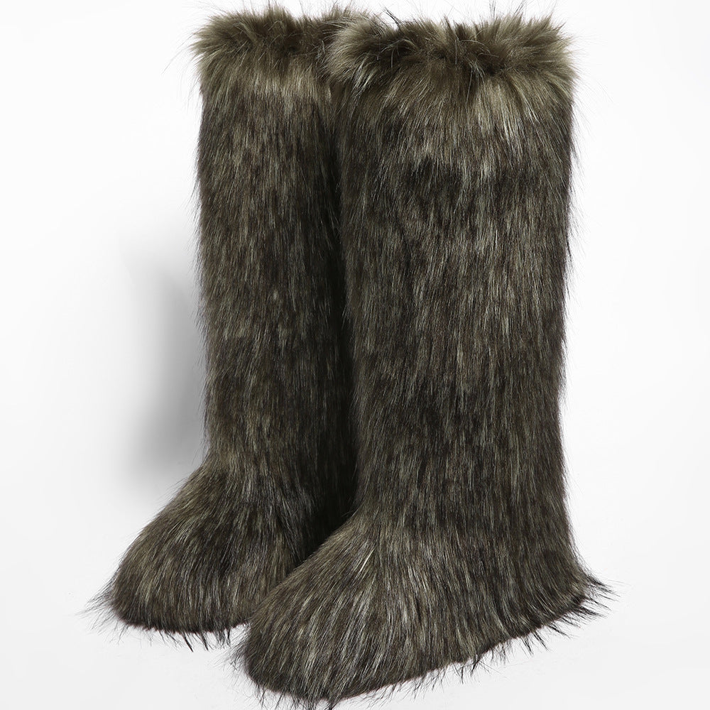 IPPEUM Mongolian Fur Boots Knee High Boots Shoes Winter Plus Size 46 Army Green