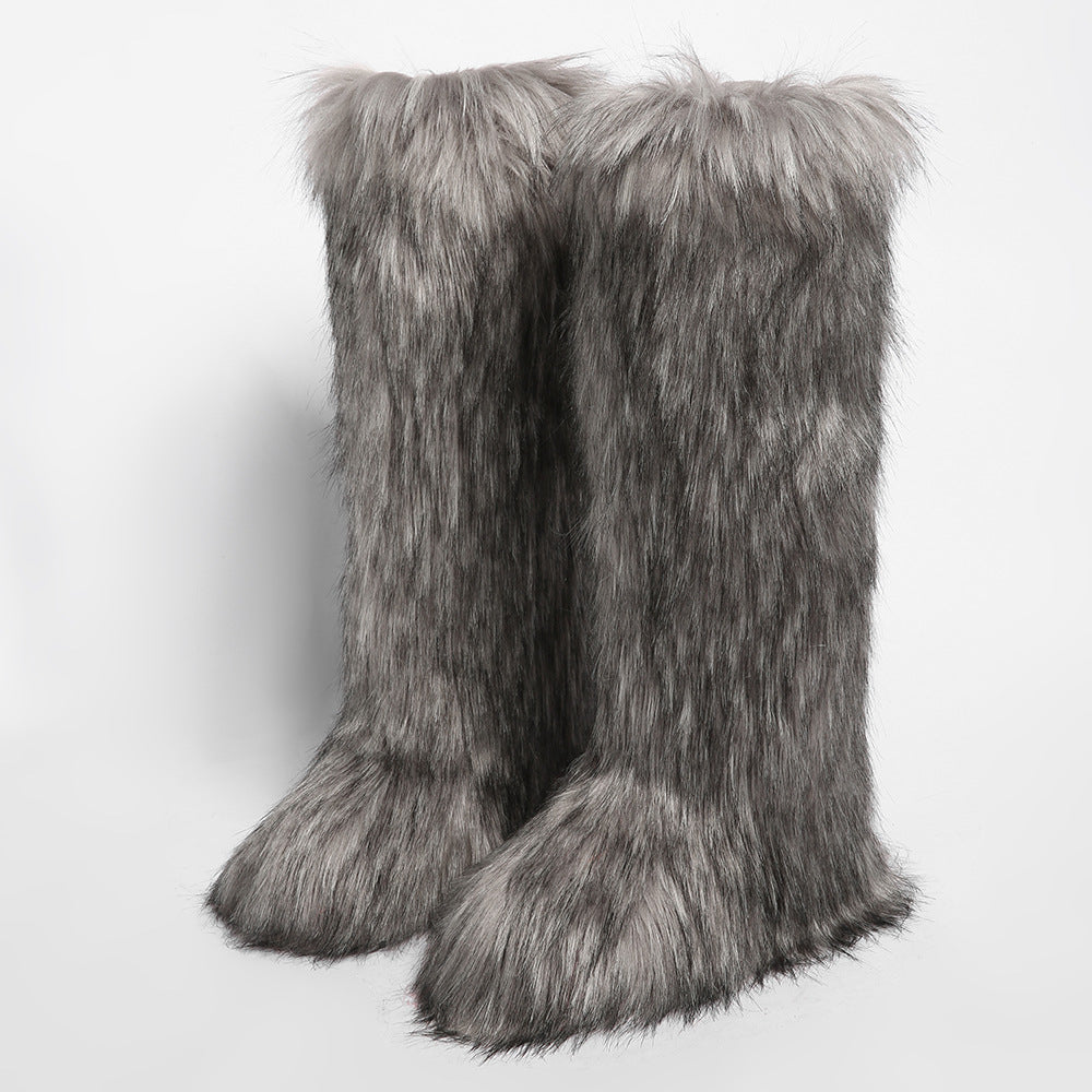 IPPEUM Mongolian Fur Boots Knee High Boots Shoes Winter Plus Size 46 Fuzzy Boots Grey
