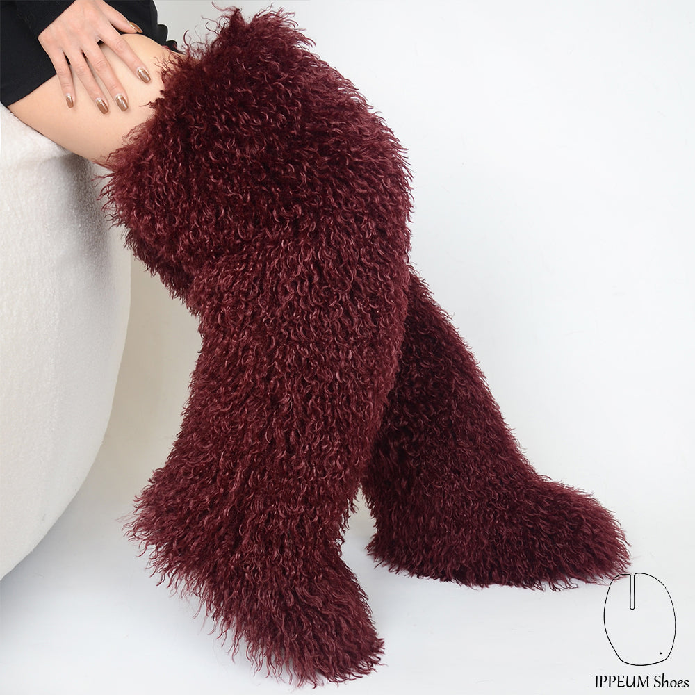 IPPEUM Burgundy Mongolian Fur Boots 72CM Thigh High Boots Shoes Winter Plus Size 46