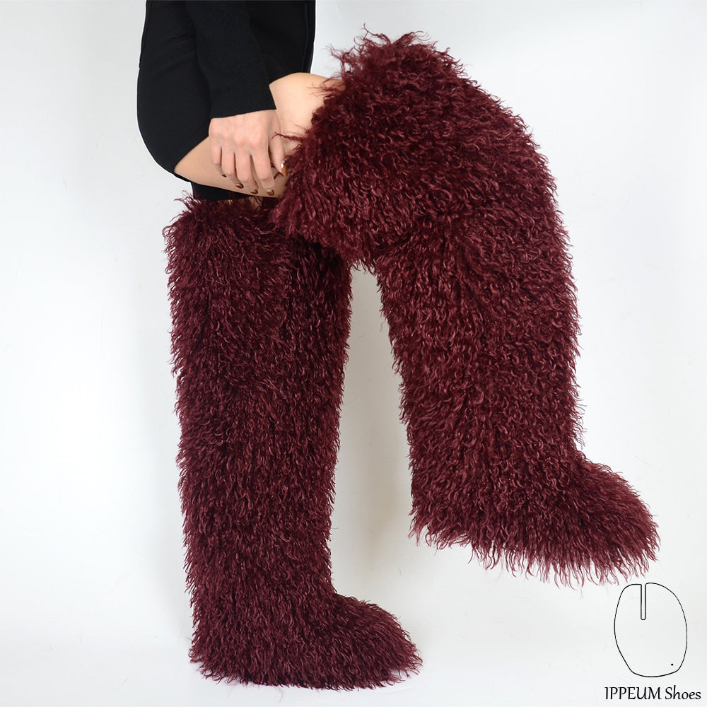 IPPEUM Burgundy Mongolian Fur Boots 72CM Thigh High Boots Shoes Winter Plus Size 46