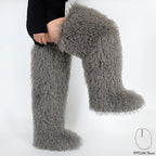 IPPEUM Grey Mongolian Fur Boots 72CM Thigh High Boots Shoes Winter Plus Size 46