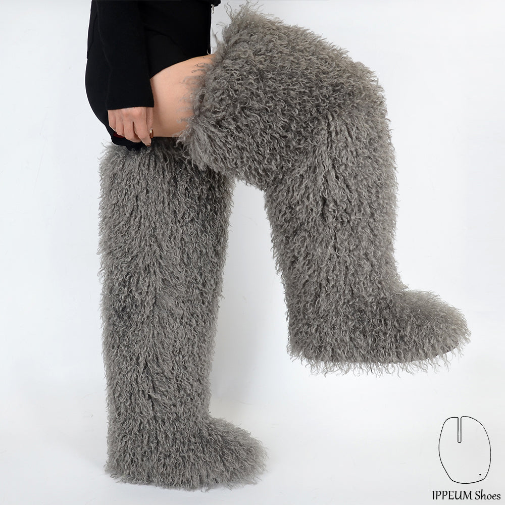IPPEUM Grey Mongolian Fur Boots 72CM Thigh High Boots Shoes Winter Plus Size 46