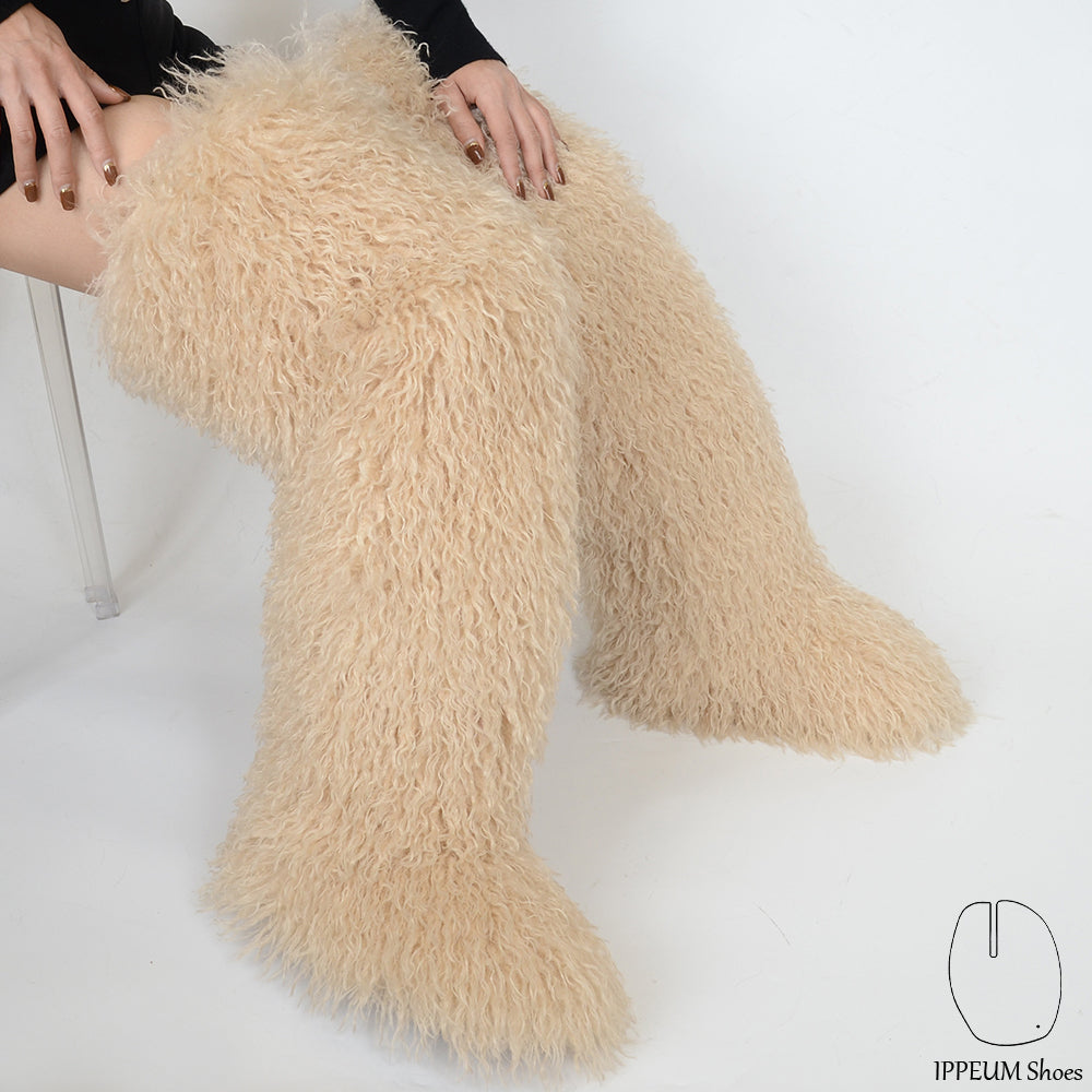IPPEUM Nude Mongolian Fur Boots 72CM Thigh High Boots Shoes Winter Plus Size 46