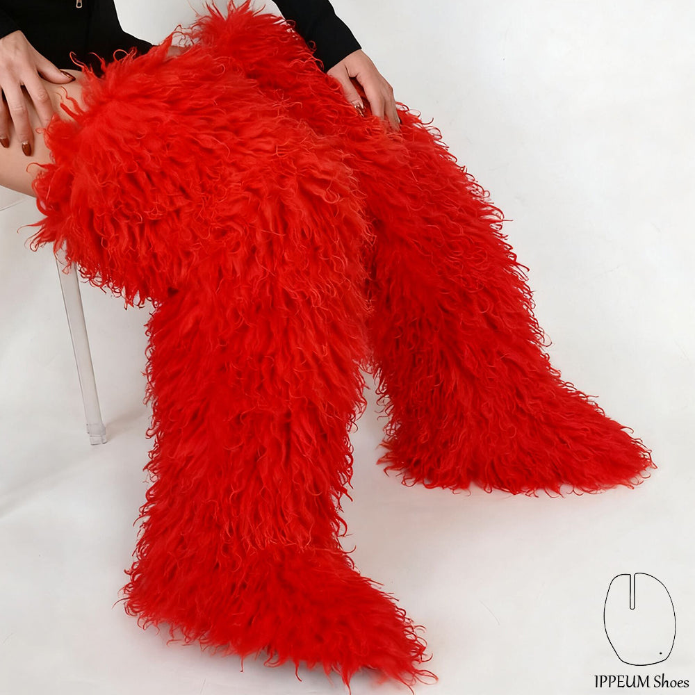 IPPEUM Red Mongolian Fur Boots 72CM Thigh High Boots Shoes Winter Plus Size 46