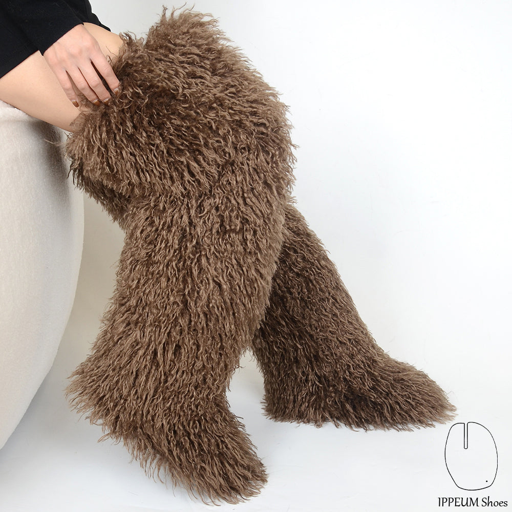 IPPEUM Dark Brown Mongolian Fur Boots 72CM Thigh High Boots Shoes Winter Plus Size 46