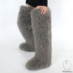 IPPEUM Grey Mongolian Fur Boots 72CM Thigh High Boots Shoes Winter Plus Size 46