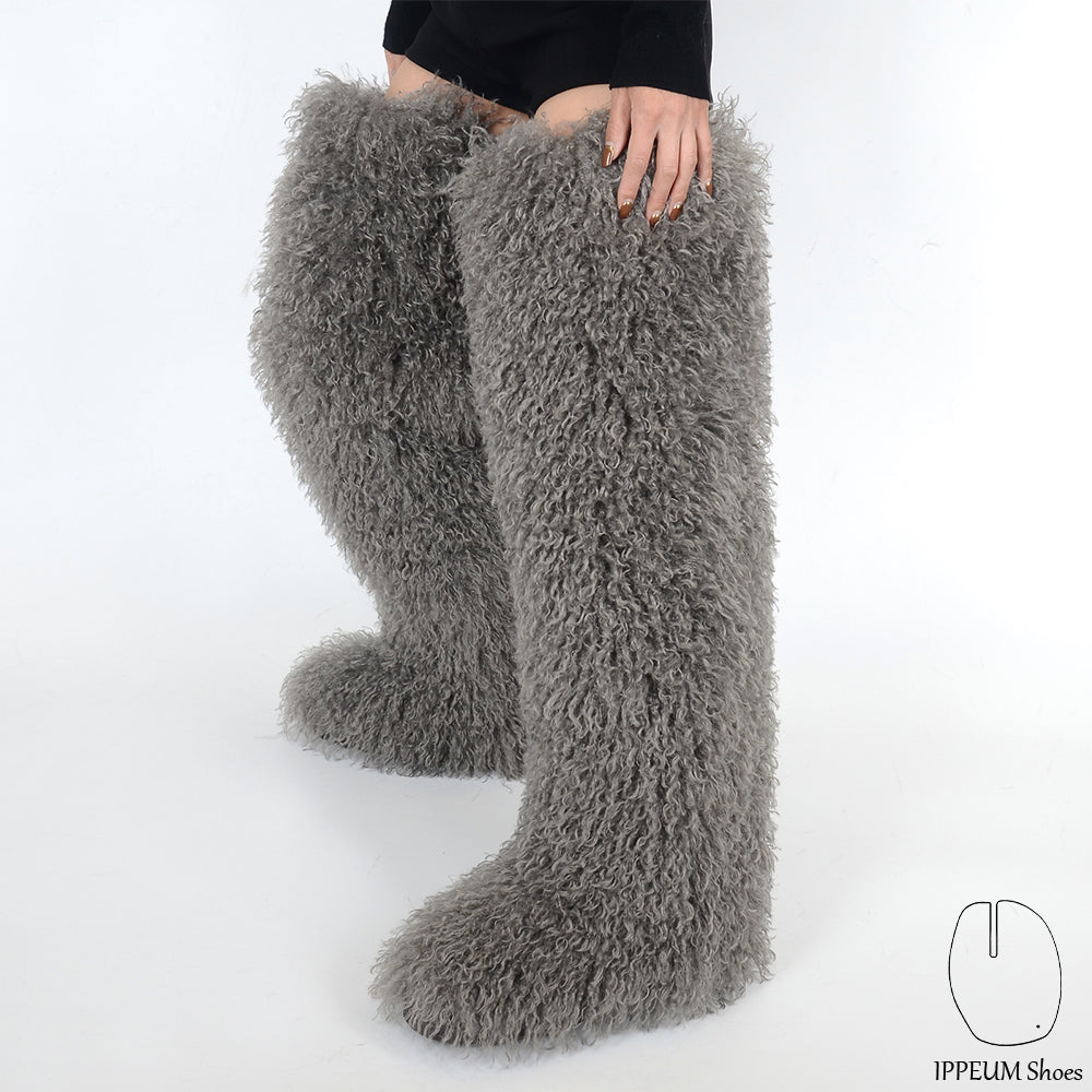 IPPEUM Grey Mongolian Fur Boots 72CM Thigh High Boots Shoes Winter Plus Size 46