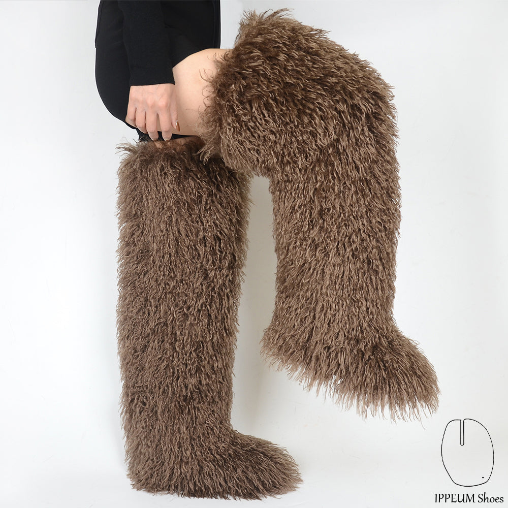 IPPEUM Dark Brown Mongolian Fur Boots 72CM Thigh High Boots Shoes Winter Plus Size 46